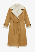 Camel Belted Shearling Coat with Wide Lapel Collar