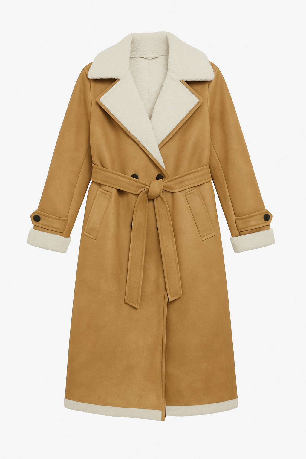 Camel Belted Shearling Coat with Wide Lapel Collar