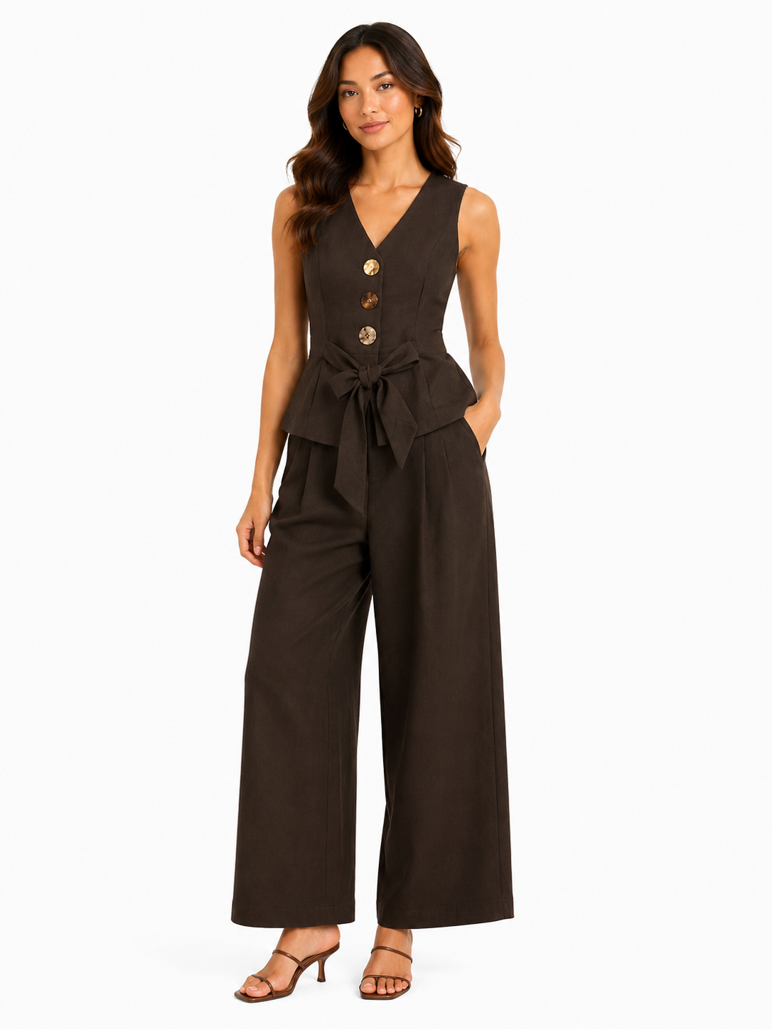 Women chocolate brown vest & wide-leg pants set