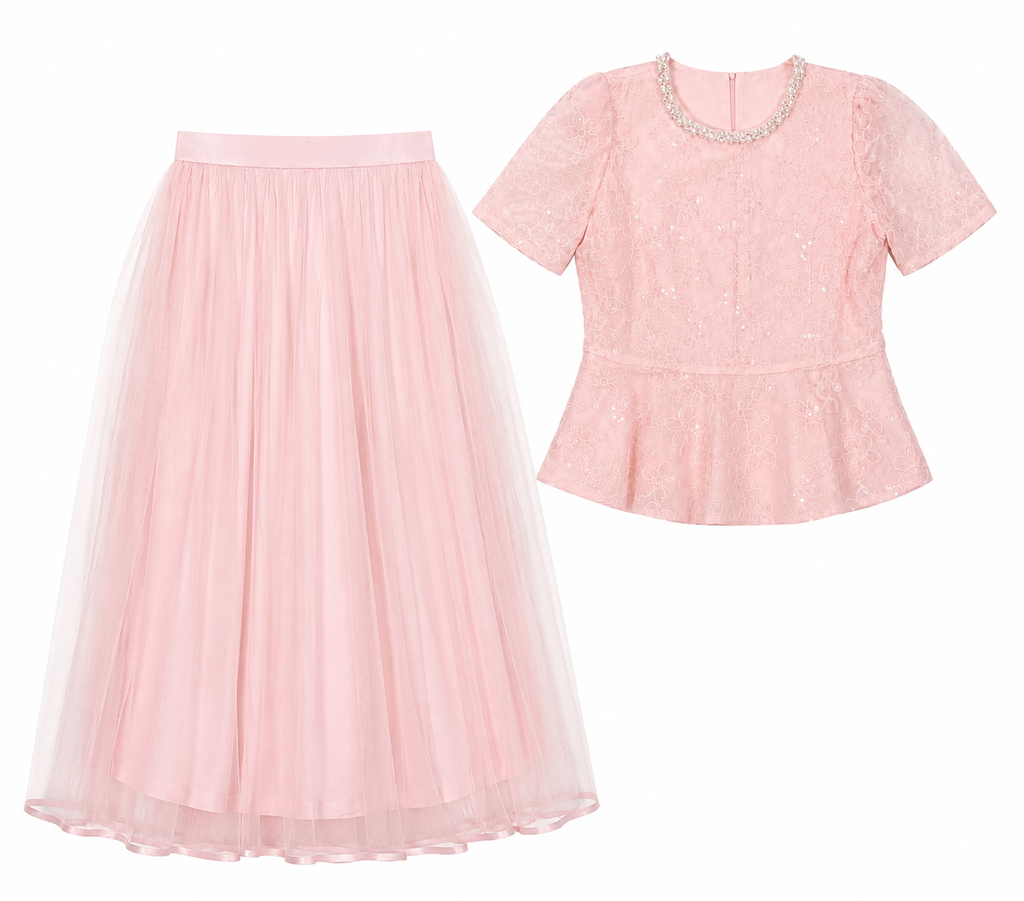 Blush pink embroidered lace peplum top & tulle midi skirt set