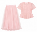 Blush pink embroidered lace peplum top & tulle midi skirt set