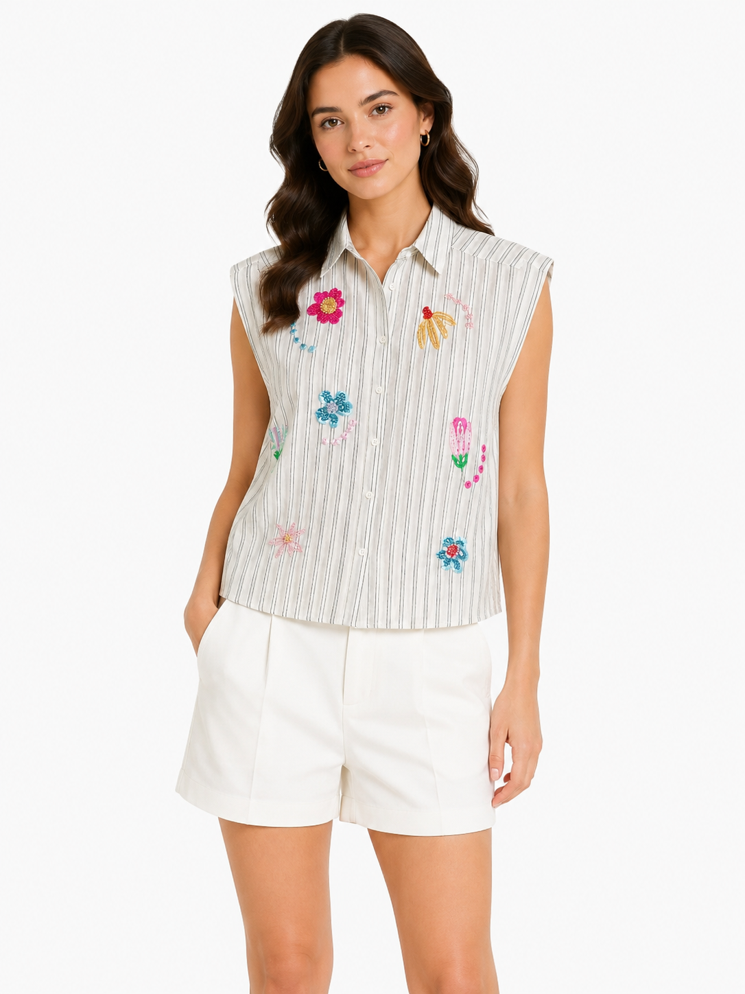 Women striped sleeveless embroidered button-up shirt