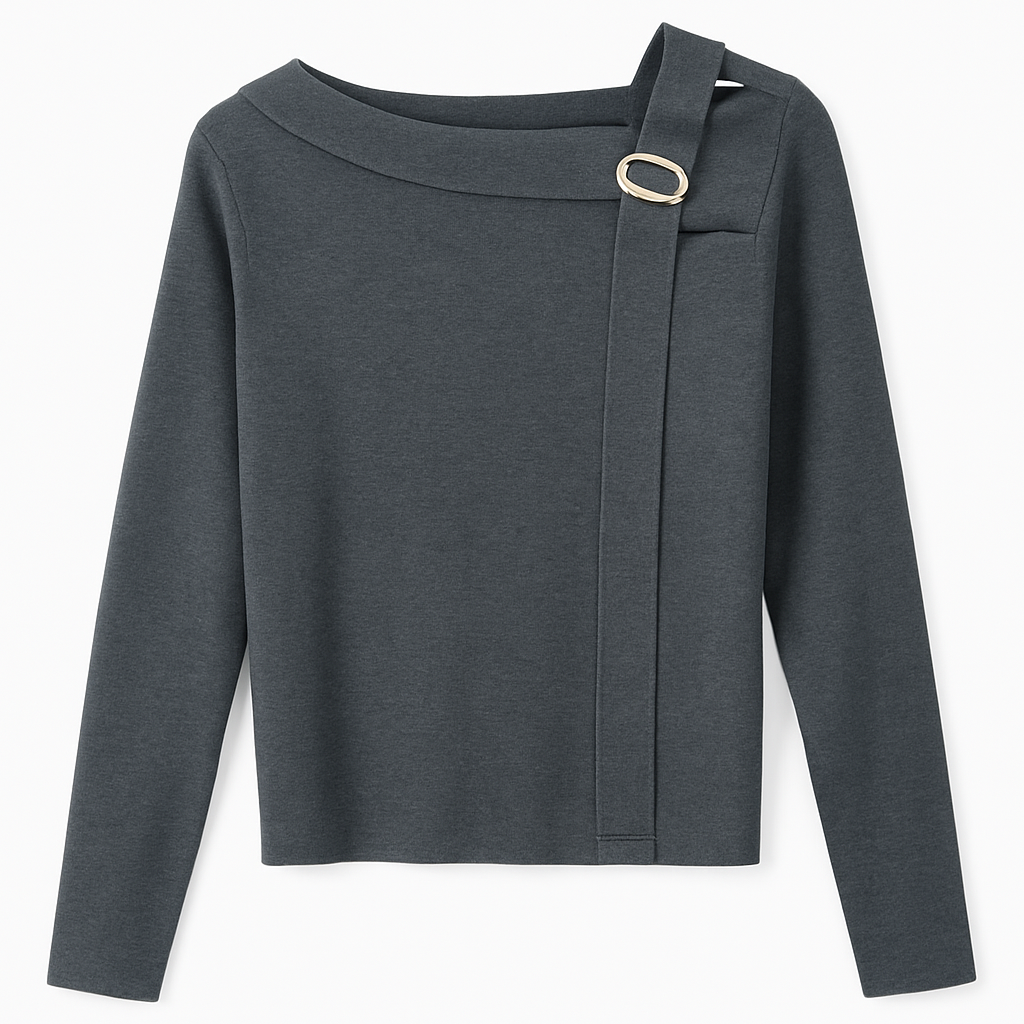 Grey Long Sleeve Top with Buckle Accent