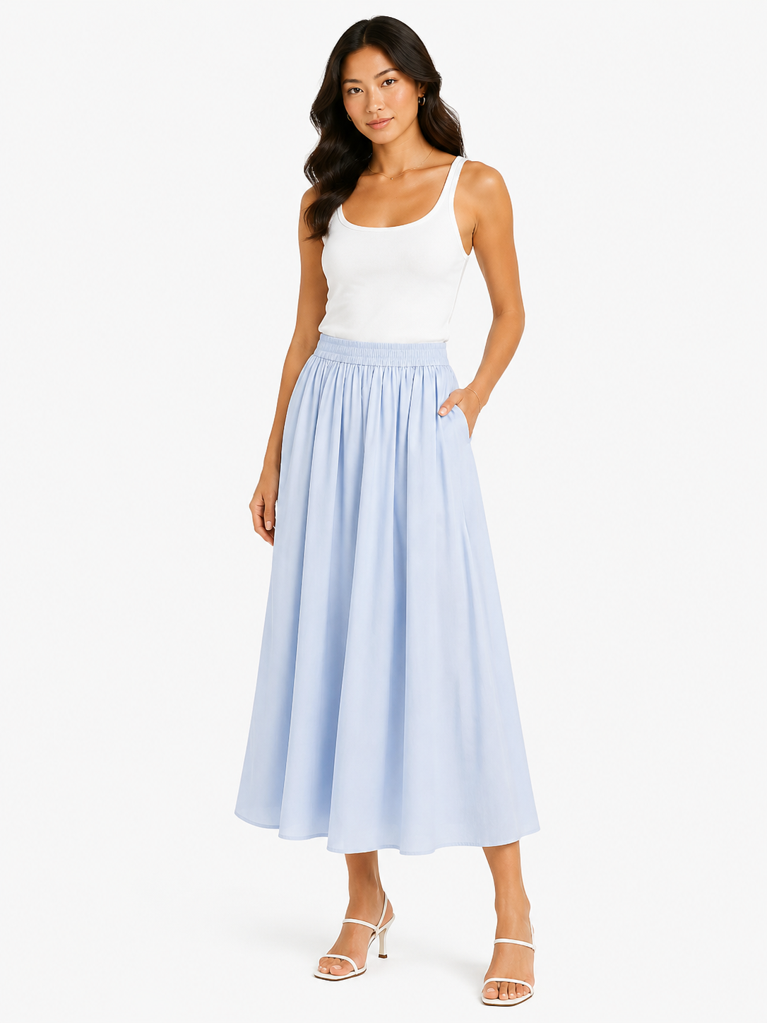 Women light blue elastic waist maxi skirt with bow
