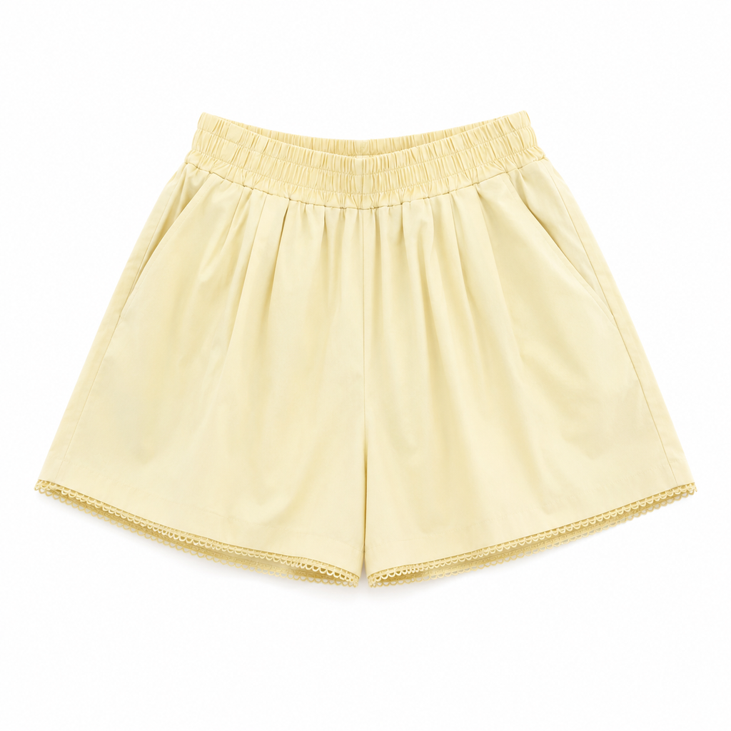Pastel  yellow elastic waist lace trim shorts