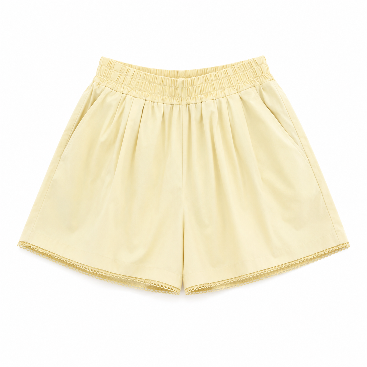 Pastel  yellow elastic waist lace trim shorts
