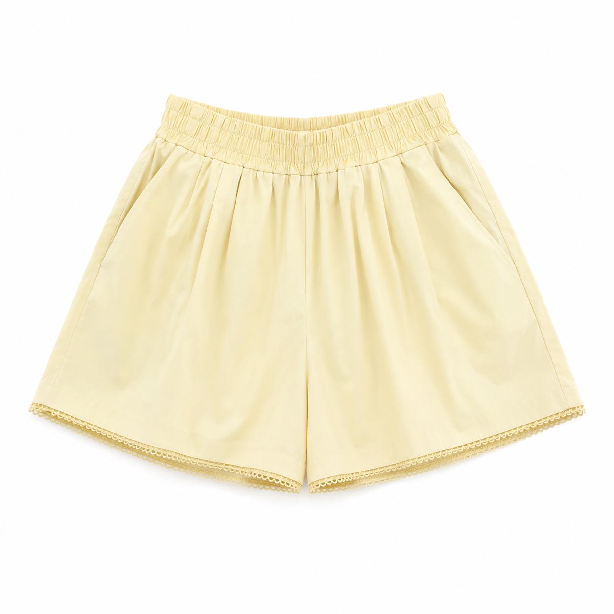 Pastel  yellow elastic waist lace trim shorts