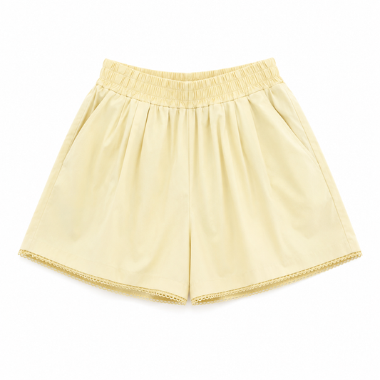 Pastel  yellow elastic waist lace trim shorts