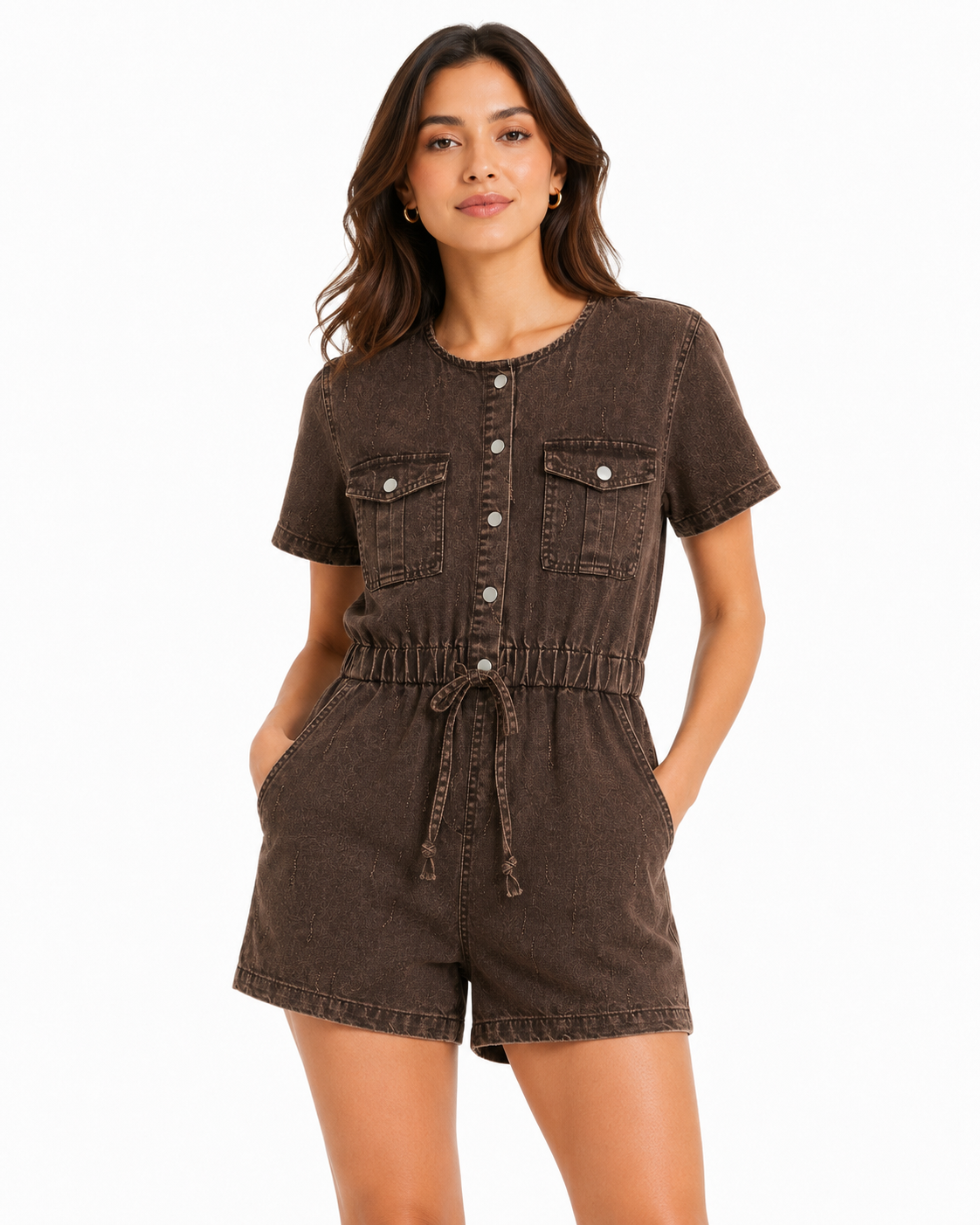 Women brown washed denim utility romper
