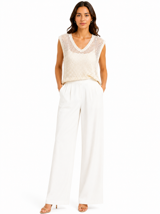 Ivory v-neck crochet mesh top
