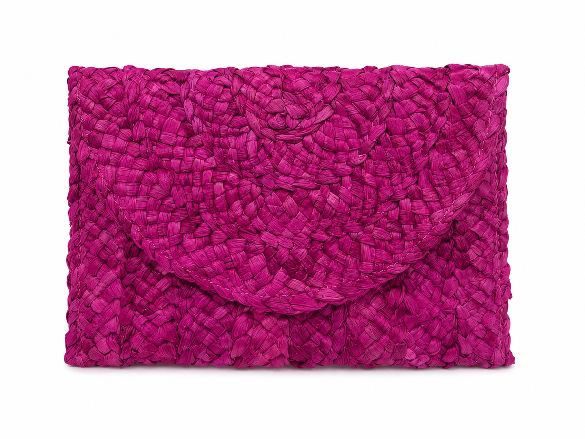Fuchsia raffia woven clutch
