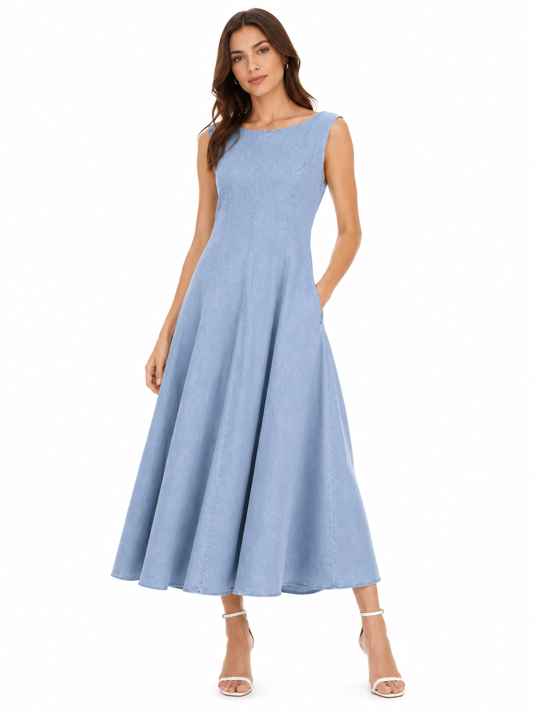 Sky blue sleeveless A-line maxi dress
