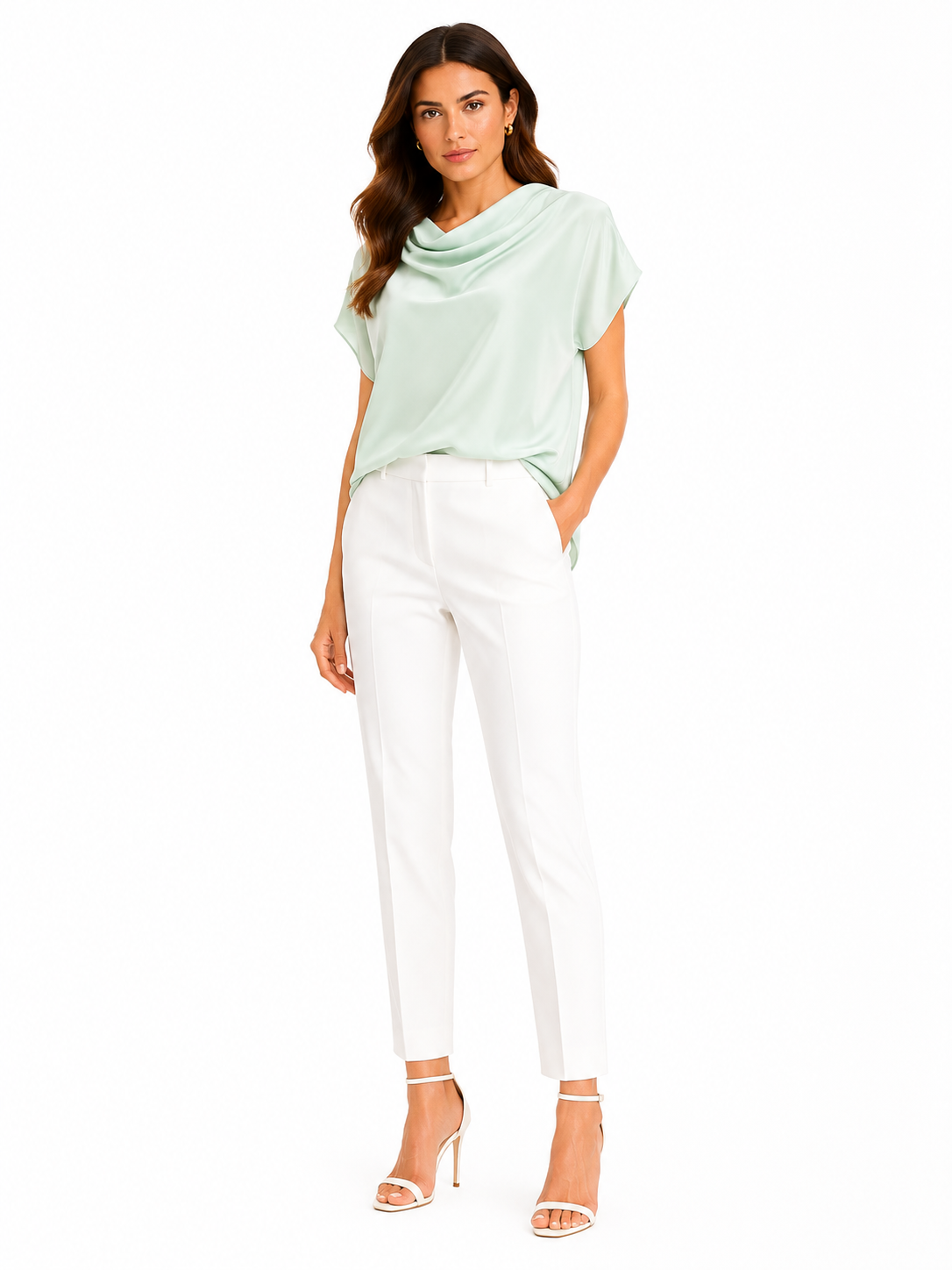 Women mint green draped boat neck blouse