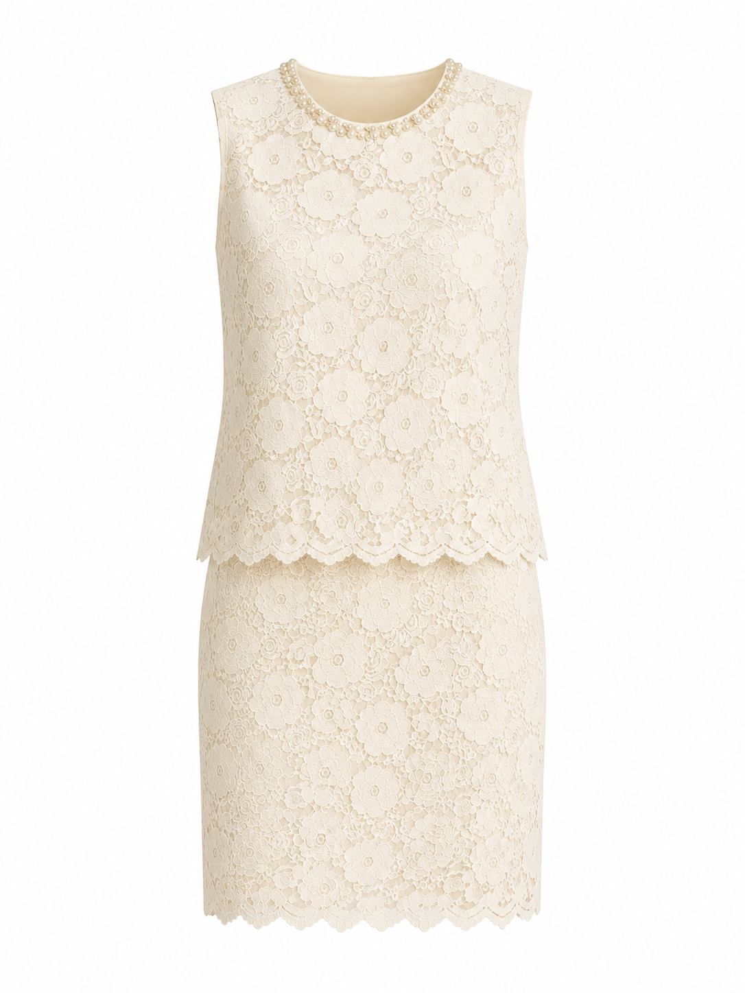 Ivory pearl-trim lace top & skirt set
