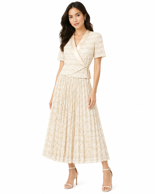 Women cream chevron lace wrap top&pleated maxi skirt set