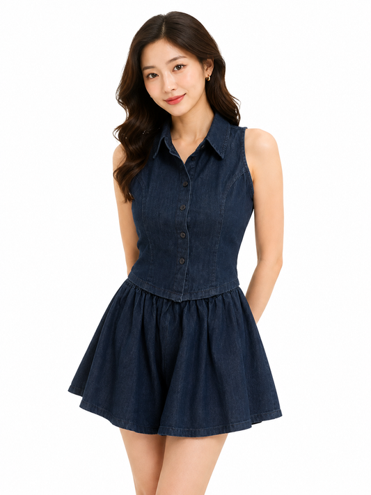 Women denim tie-front top& flared skort set