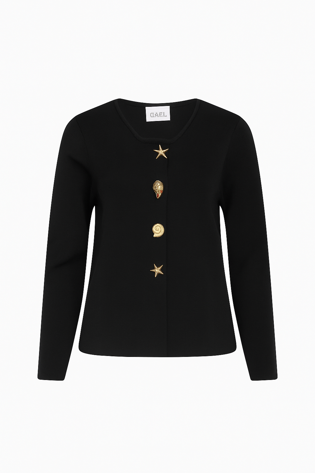 Black sweater with Gold Sea-Inspired Buttons