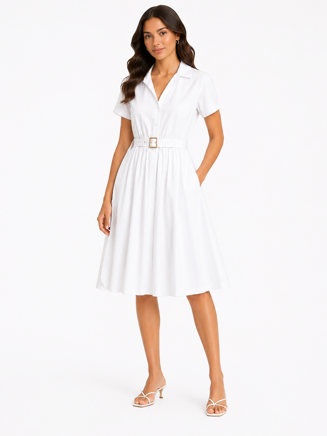 Classic white belted shirt dress