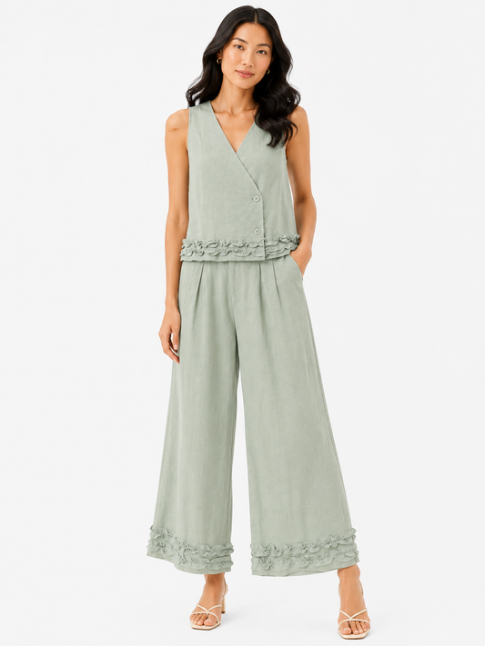 Women’s Sage Ruffle-Trim Vest & Wide-Leg Pants Set