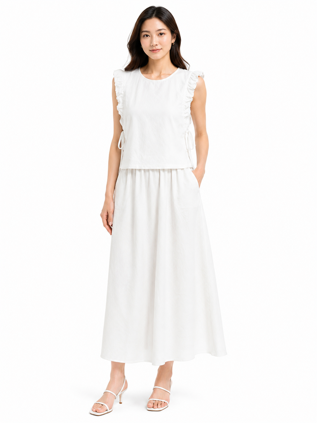 Women’s White Ruffle Wrap Top & Flowy Midi Skirt Set