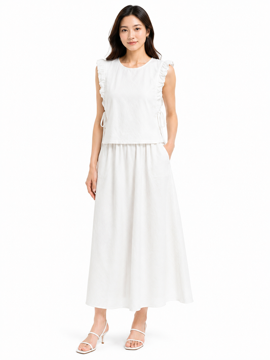 Women’s White Ruffle Wrap Top & Flowy Midi Skirt Set