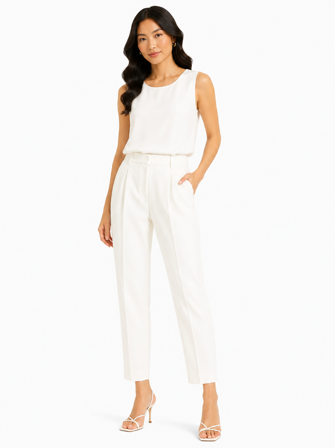 Women white high-waisted wide-leg pants