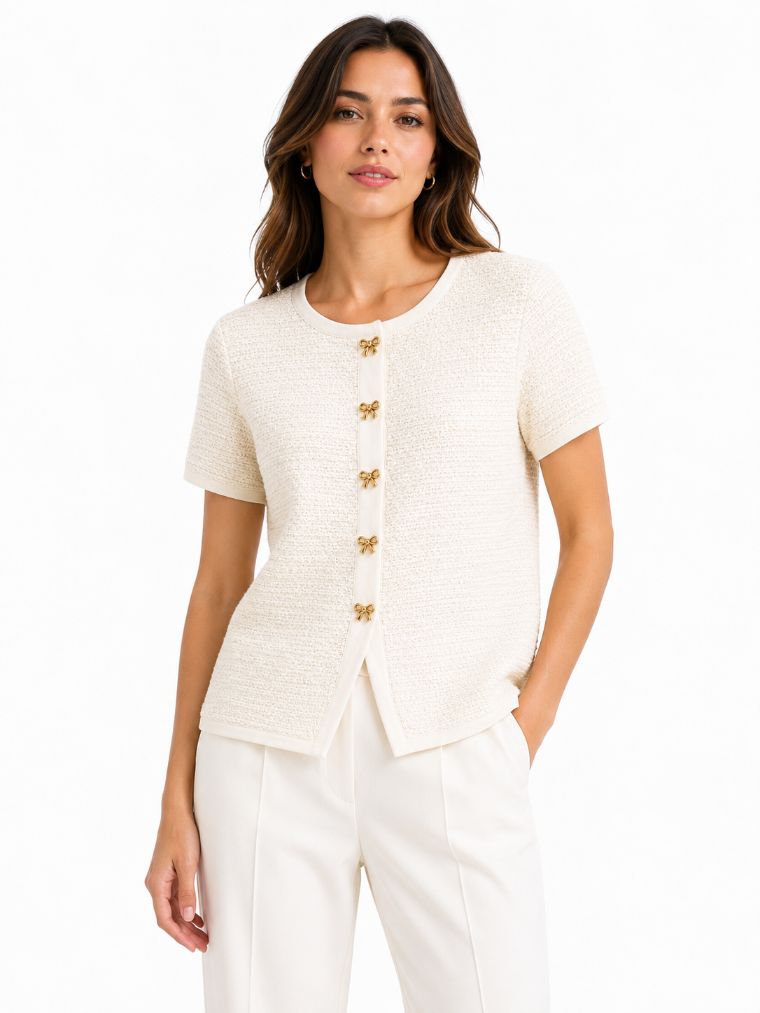 Women textured knit top with gold bow button-ivory white