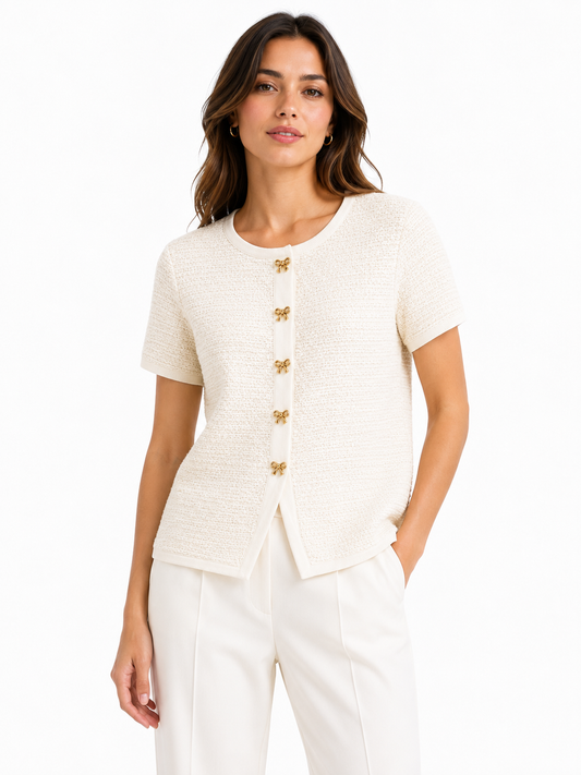 Women textured knit top with gold bow button-ivory white