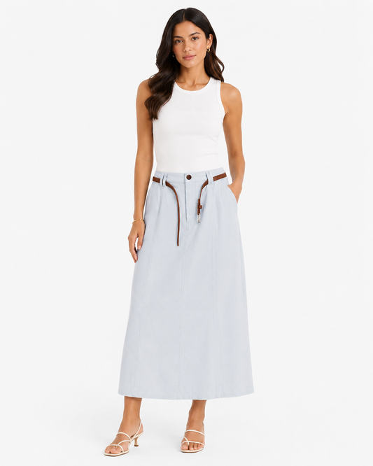 Women’s Pastel Blue Belted Midi Skirt