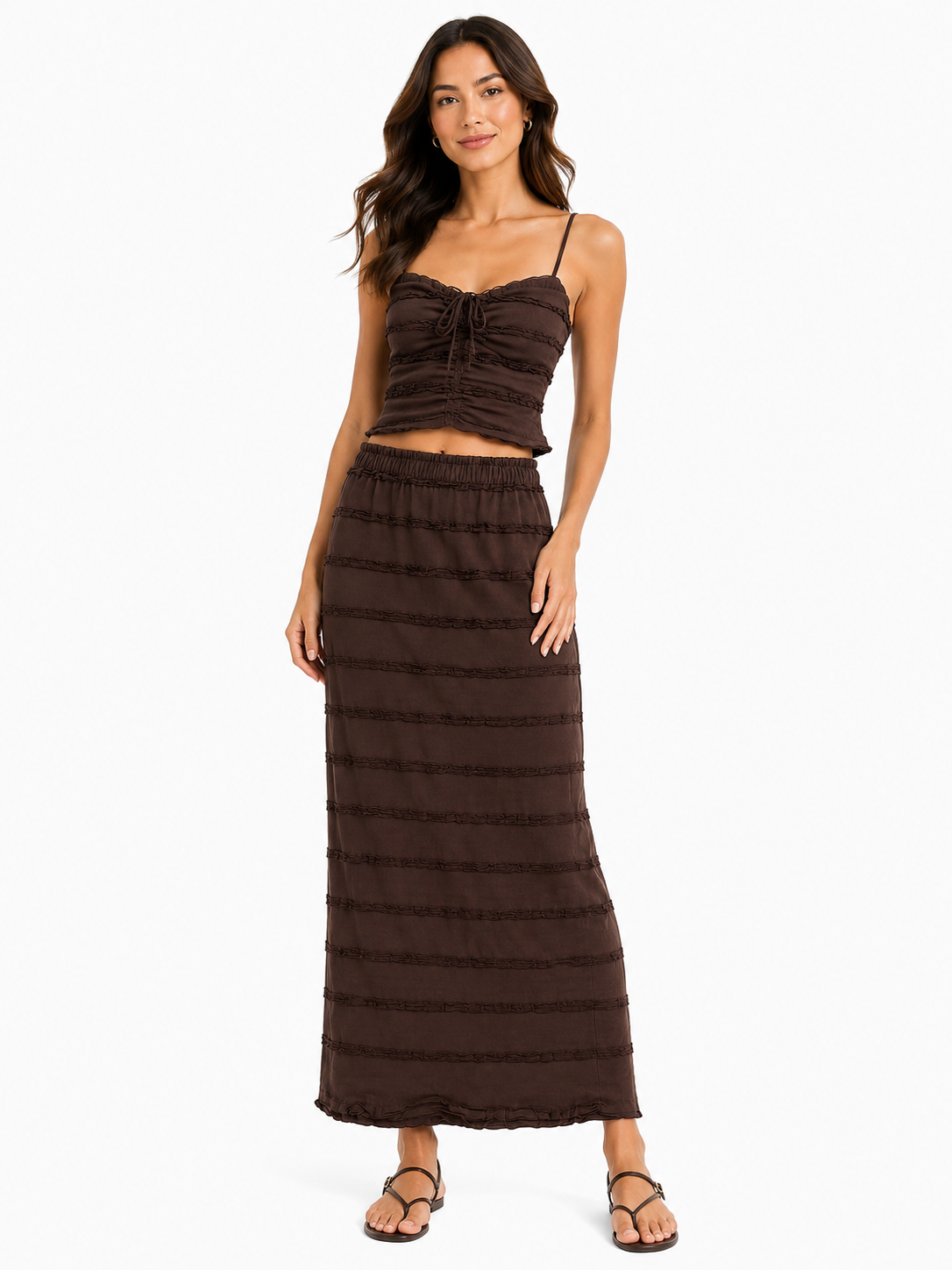 Chocolate ruched cami top& maxi skirt co-ord set