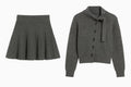 Charcoal Knit Cardigan and Pleated Skirt Set with Scarf Collar