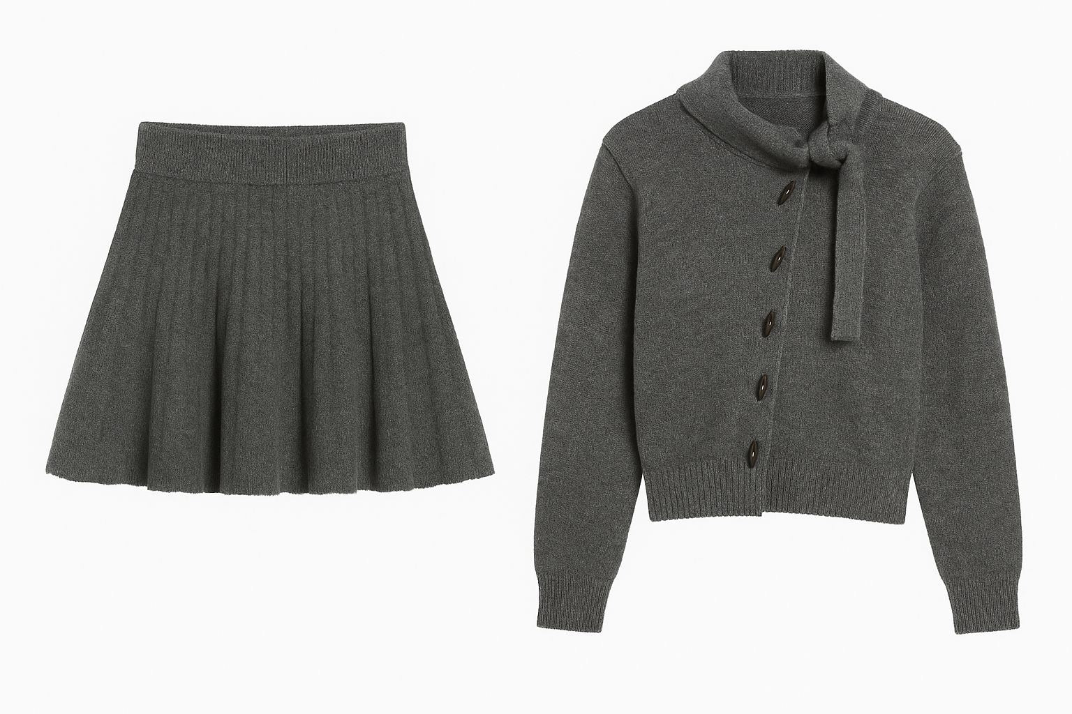 Charcoal Knit Cardigan and Pleated Skirt Set with Scarf Collar