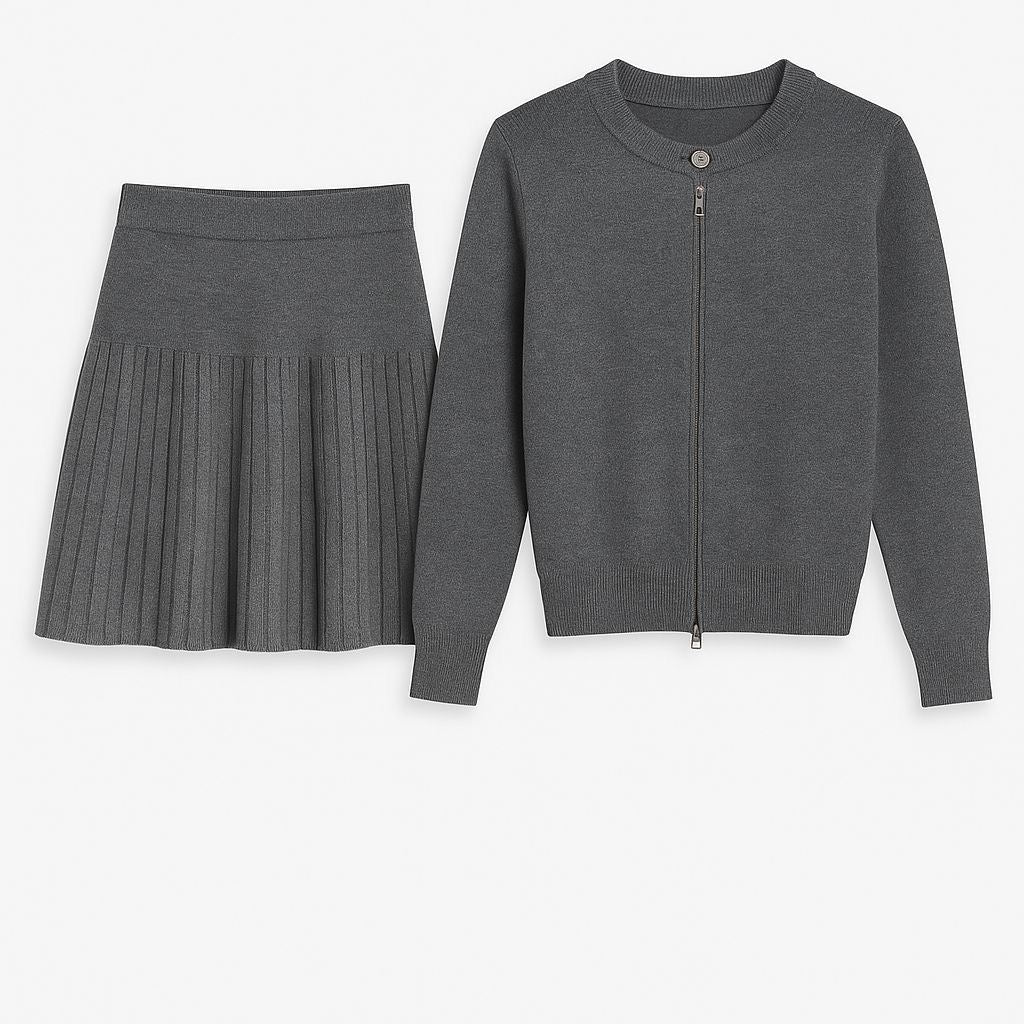 Charcoal Grey Pleated Skirt and Zip-Up Cardigan Set