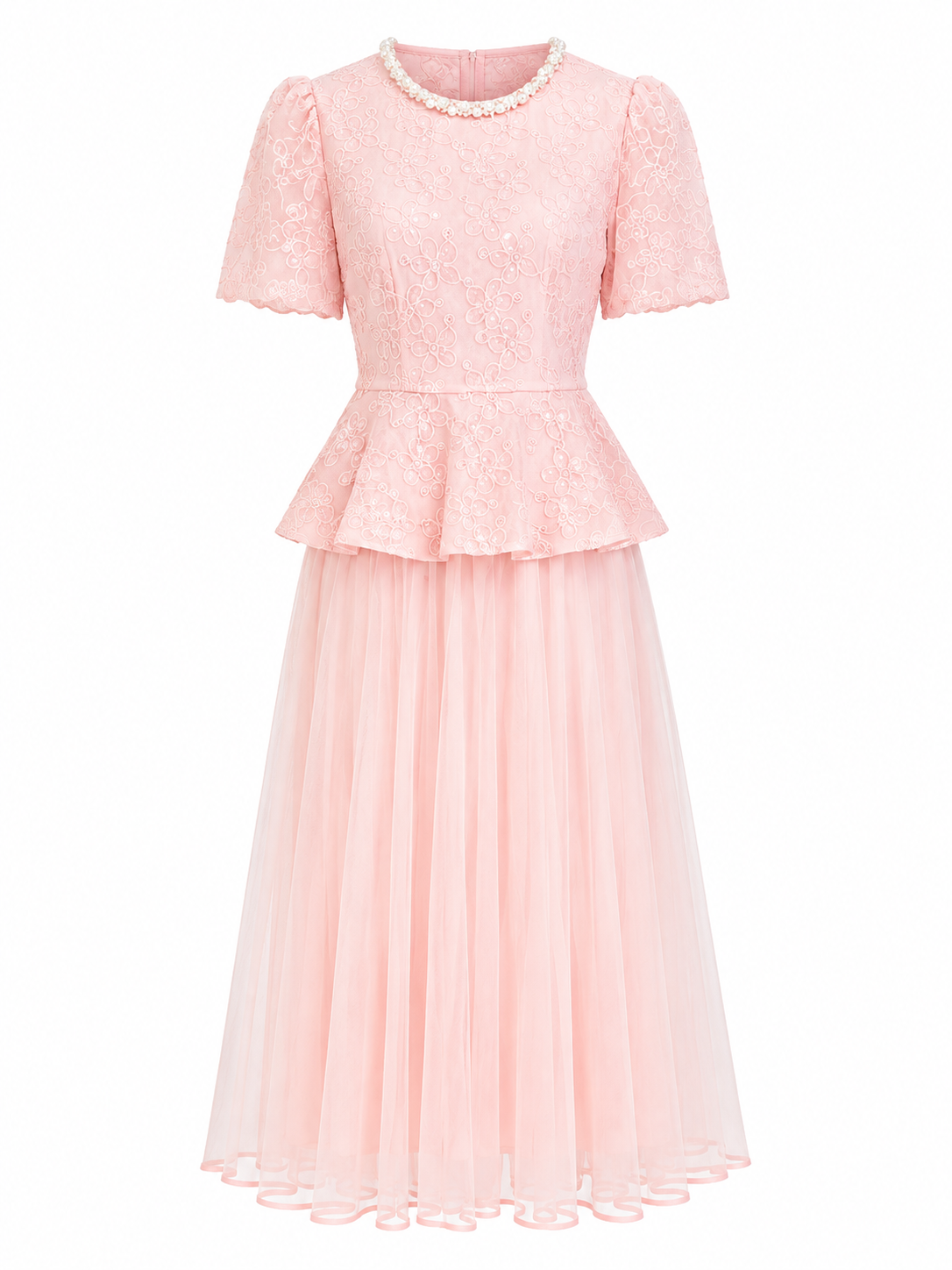 Blush floral embroidered peplum top & tulle maxi skirt set