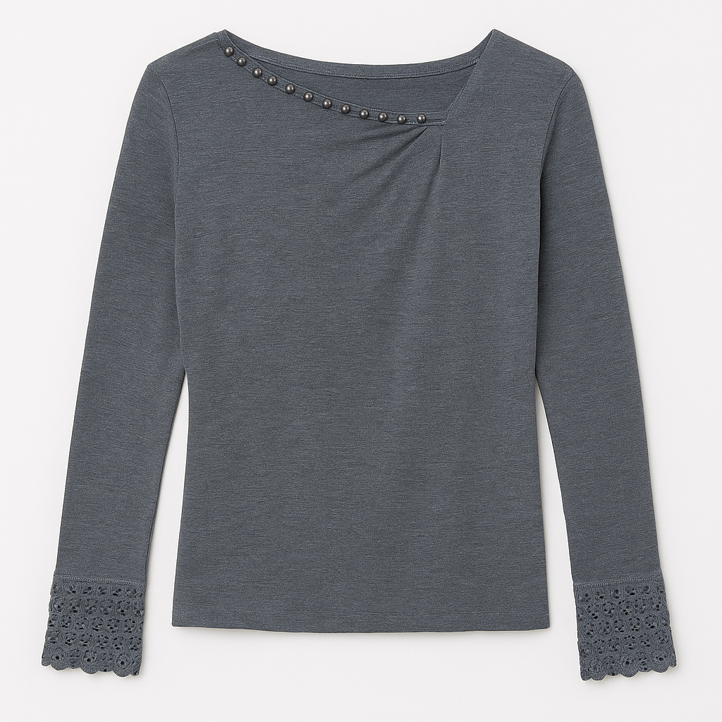 Gray Long-Sleeve Top with Pearl Neckline and Lace Cuffs