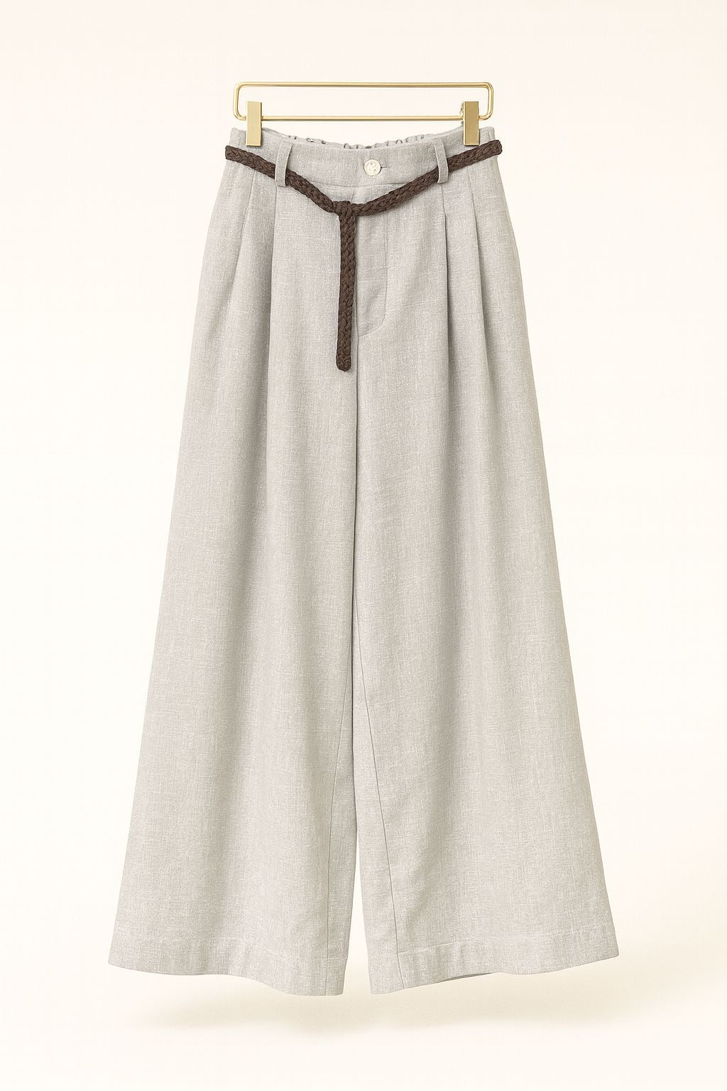 Light Grey Wide-Leg Trousers with Braided Belt Detail