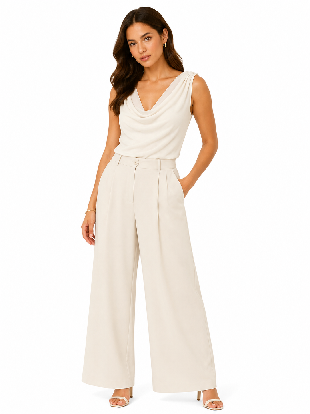 Women’s Ivory Mesh-Insert Draped Sleeveless Top