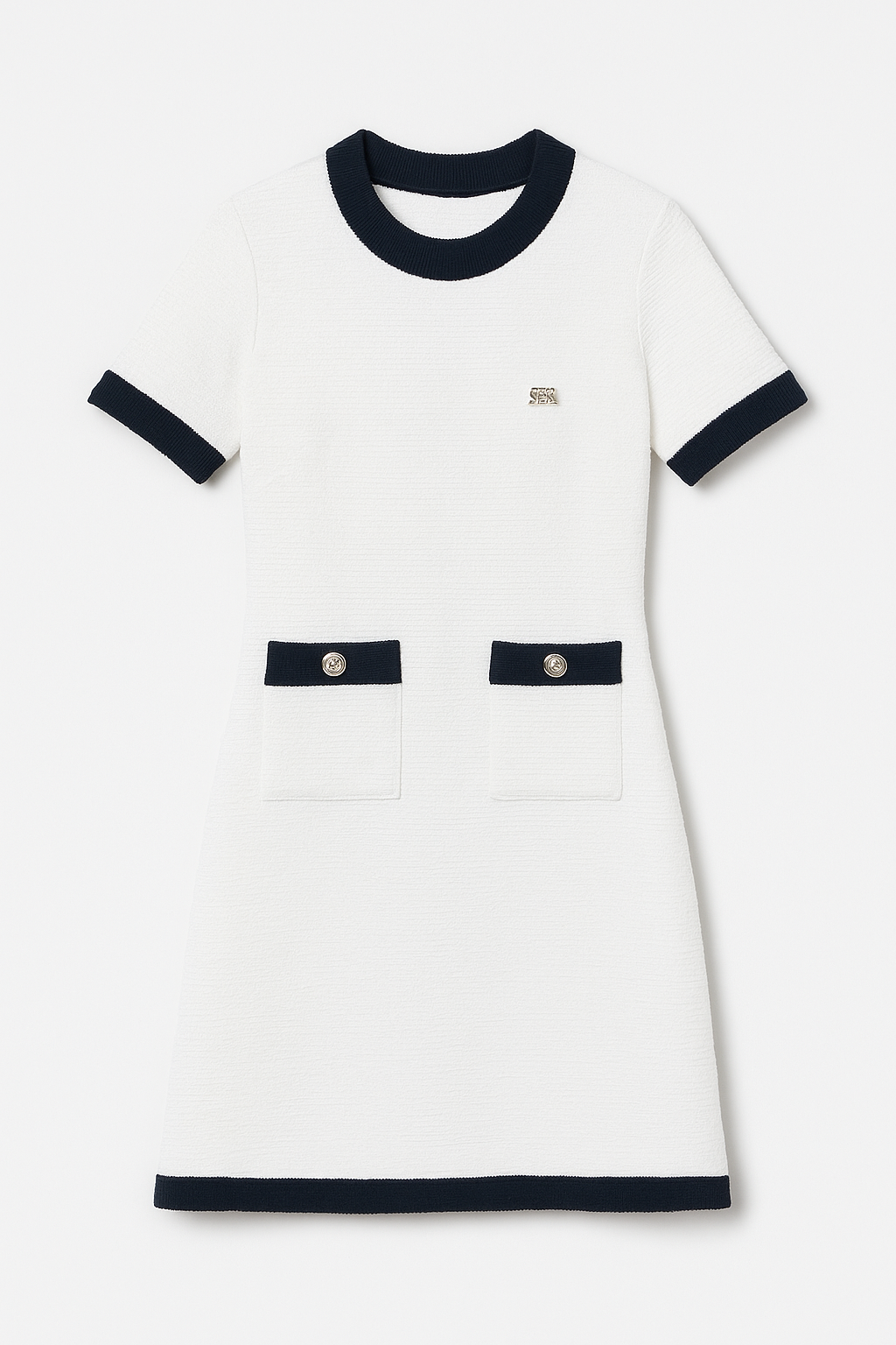 White Knit Dress with Contrast Trim and Pockets