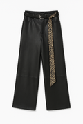 High-Waisted Leather Pants with Animal-Print Scarf Detail