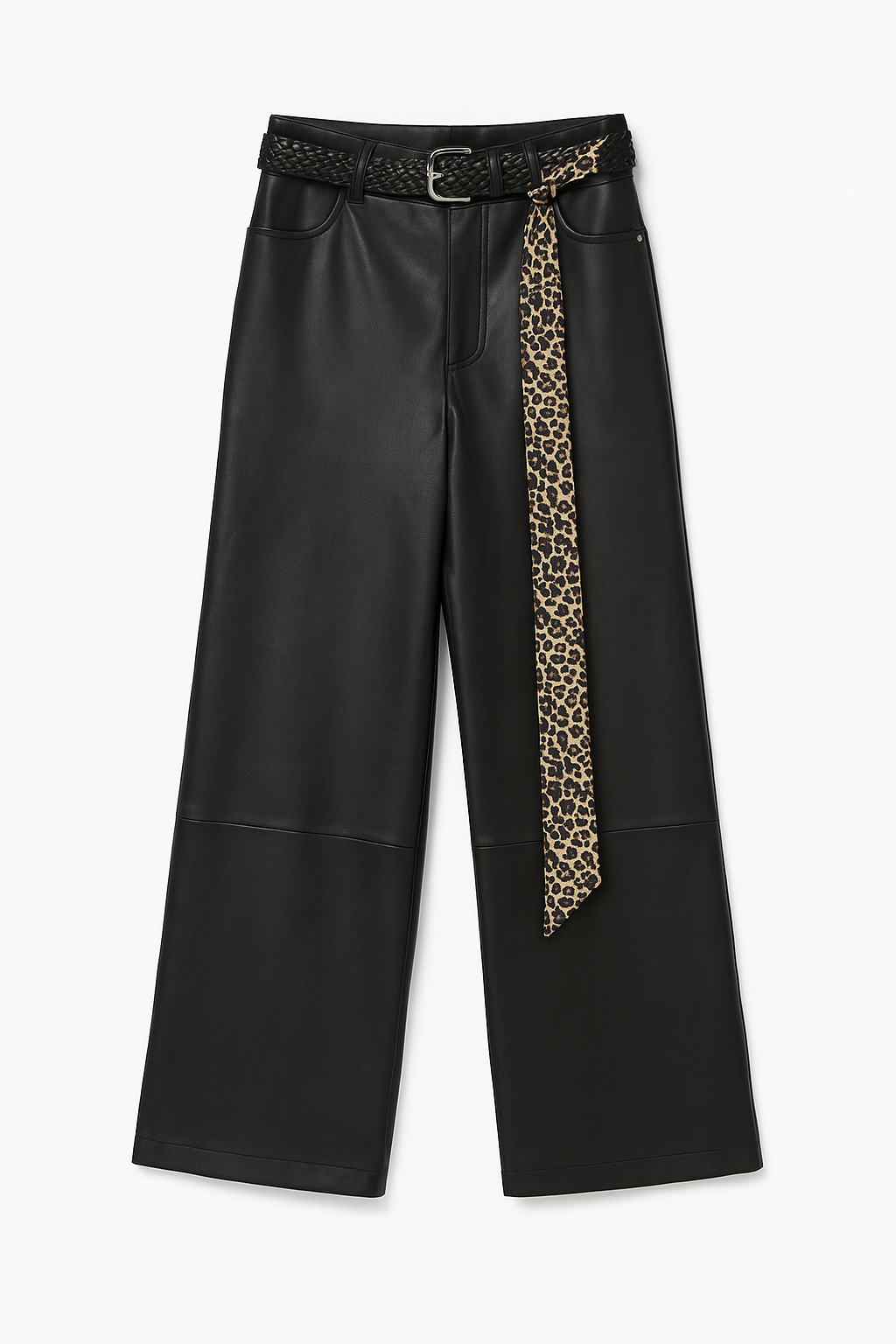 High-Waisted Leather Pants with Animal-Print Scarf Detail