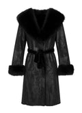 Black Brocade Coat with Faux Fur Trim and Belted Waist