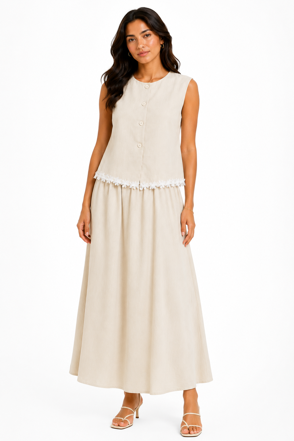 Women’s Beige Floral-Trim Vest & Wide-Leg Pants Set