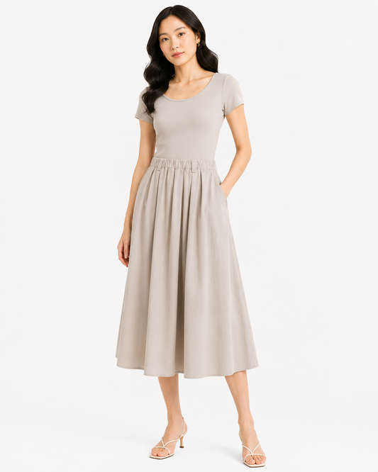 Women’s Beige Ribbed Knit & Pleated Midi Dress