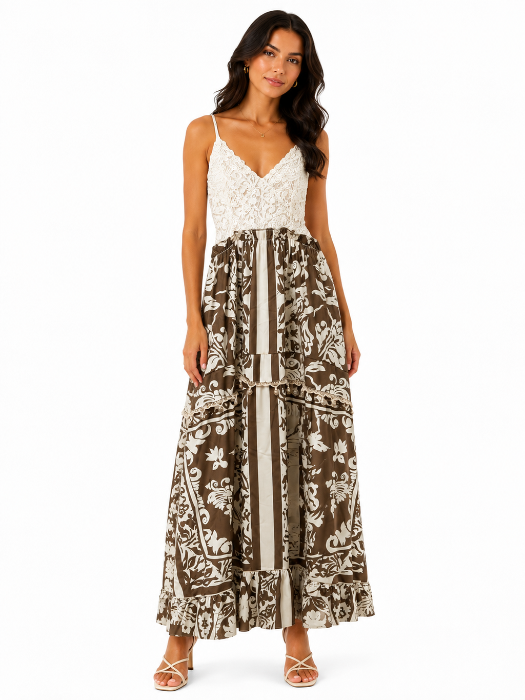 Women boho lace floral maxi dress