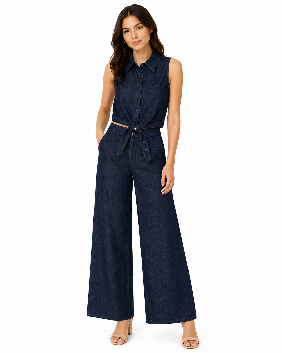 Women’s Dark Indigo Denim Tie-Front Top & Wide-Leg Pants Set