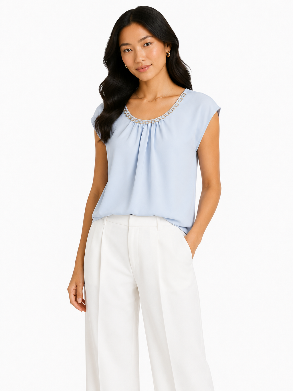 Women light blue chain neck blouse