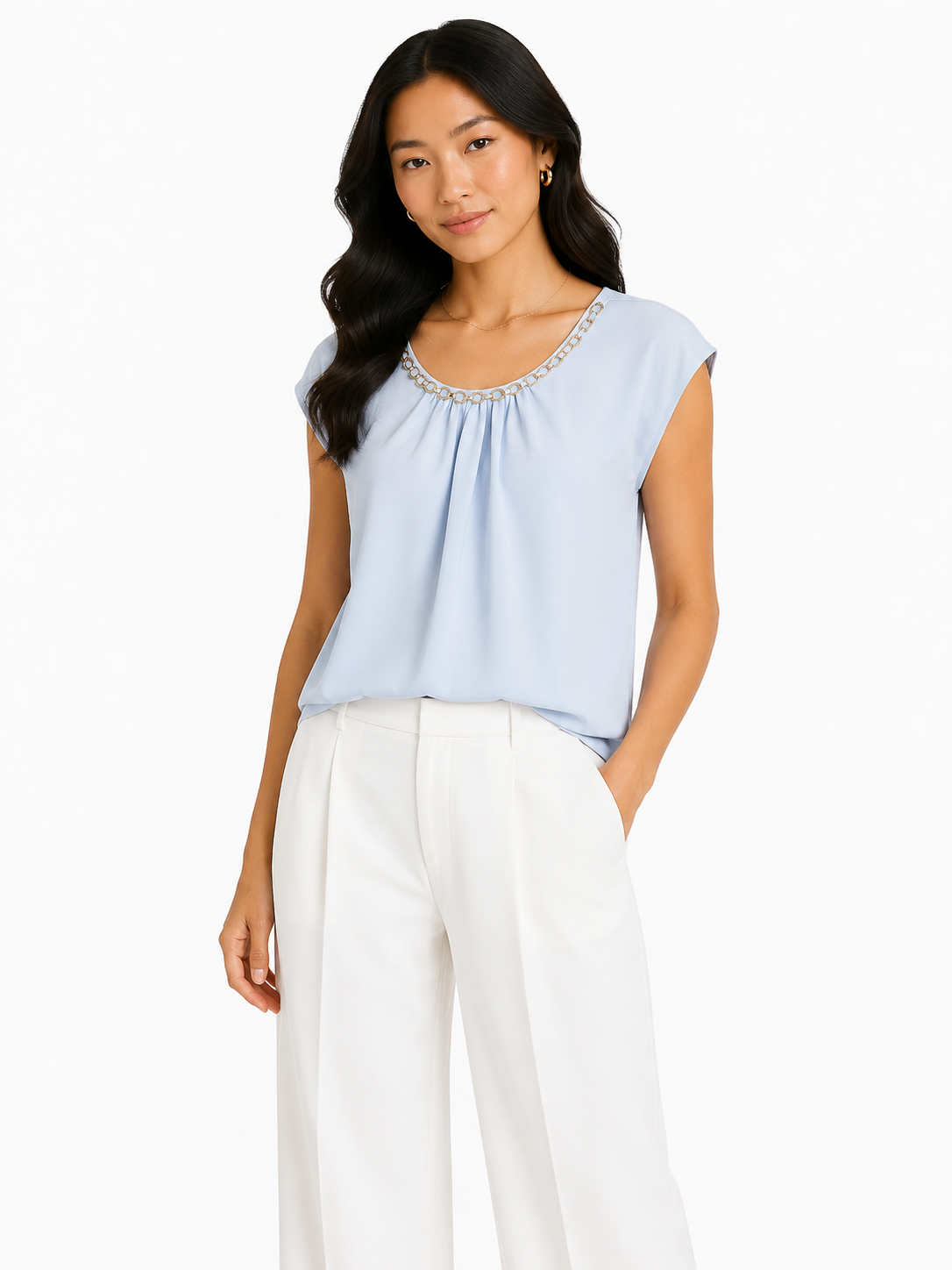 Women light blue chain neck blouse