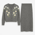 Grey Floral Knit Cardigan and Skirt Set