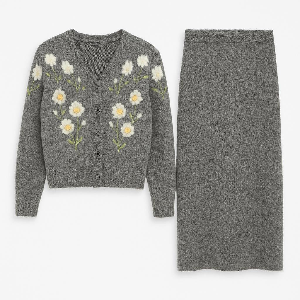 Grey Floral Knit Cardigan and Skirt Set