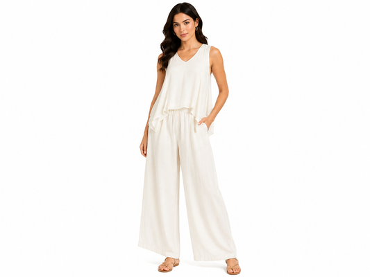 Women’s Ivory Asymmetric V-Neck Top & Wide-Leg Pants Set
